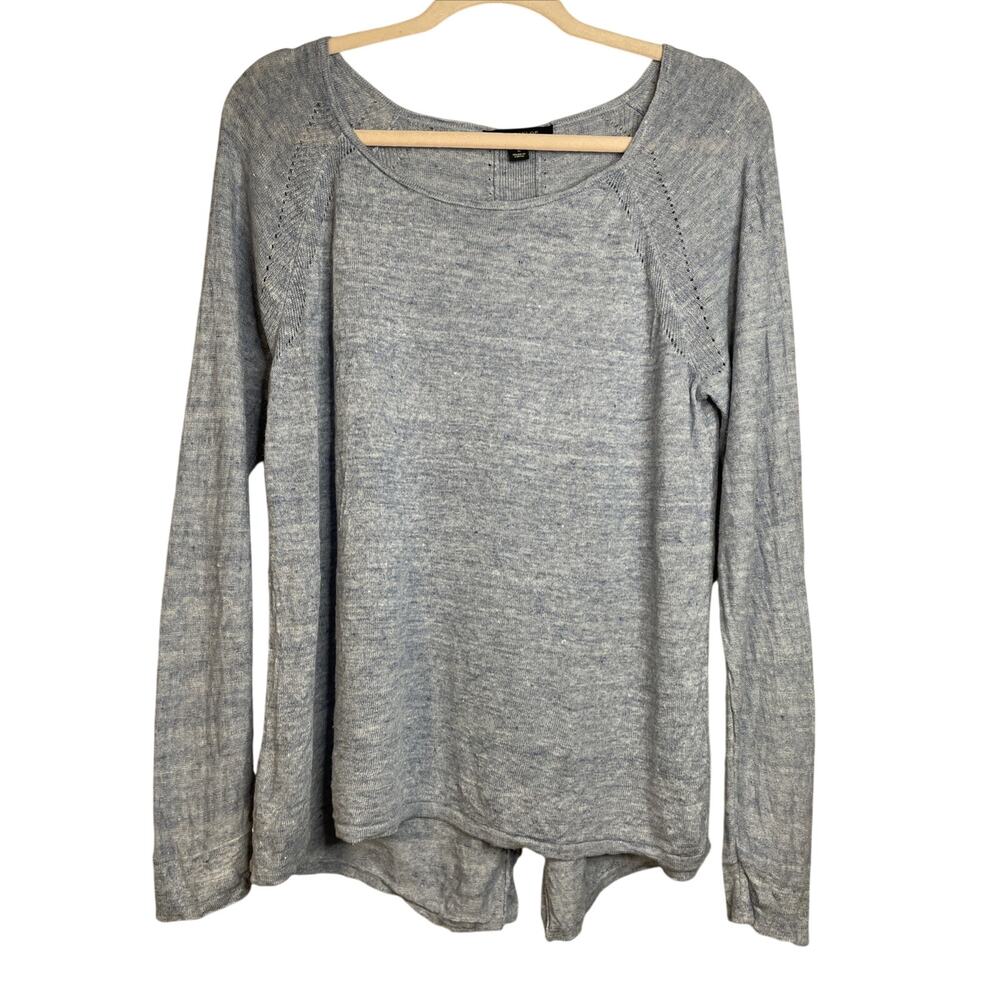 Ann Taylor Women’s Large 100% Linen Long Sleeve Top Heather Blue-Split Back Hem